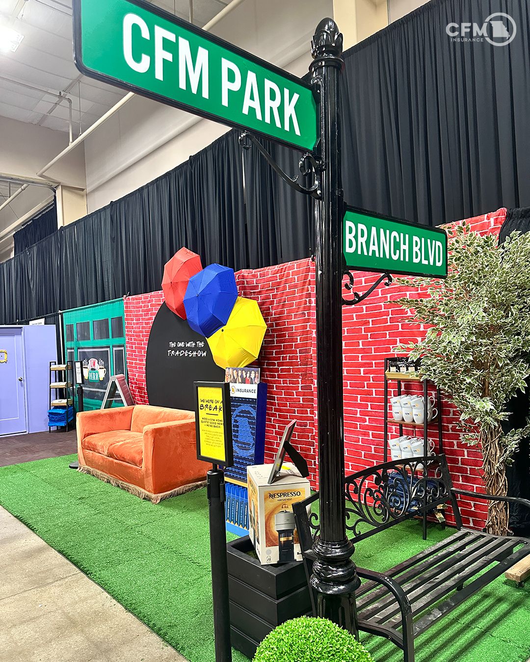 CFM Insurance trade show booth with CFM Park and Branch Blvd signage
