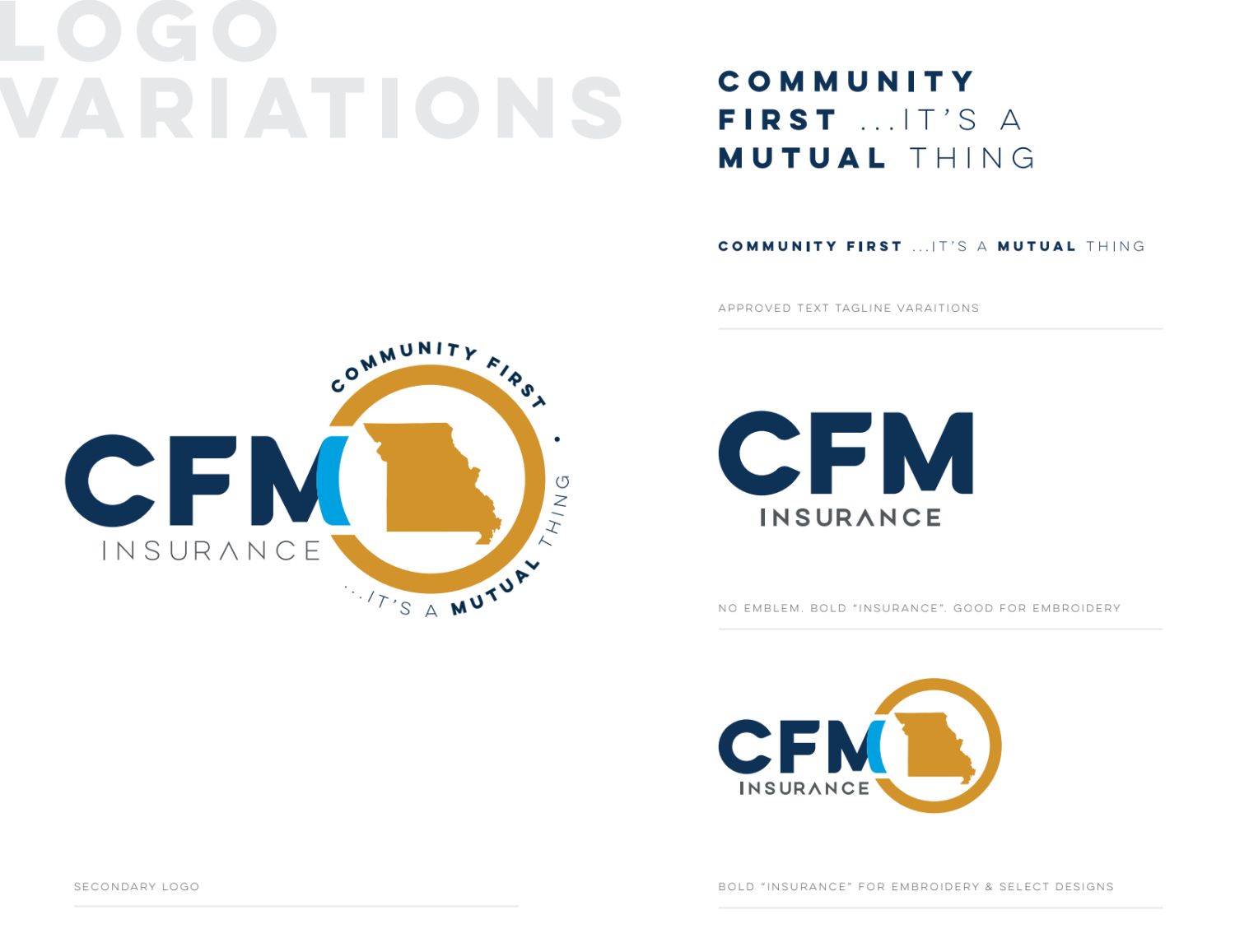 CFM Insurance logo variations and taglines